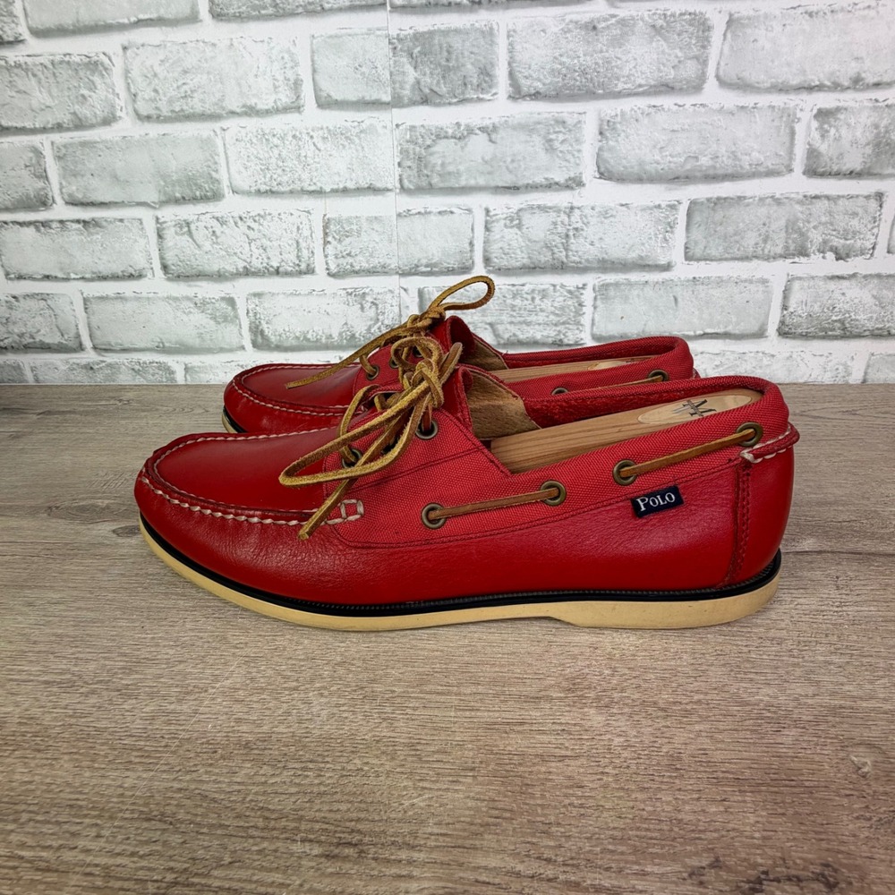 Polo Ralph Lauren Bienne Boat Shoes Red Canvas Leather Mens 10D